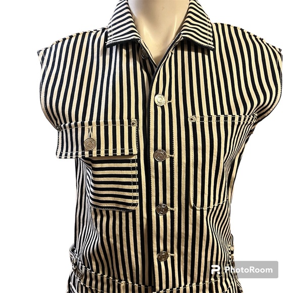 Current Elliot The Sleeveless Jumpsuit Dress White Navy Stripes Stretch Denim - Picture 3 of 16
